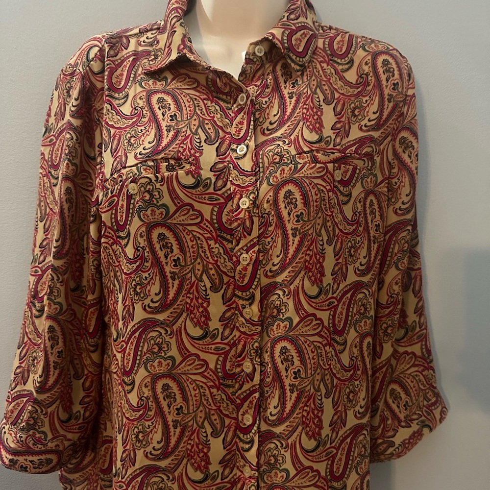 Lauren Scott Paisley Medium Petite Button Up Blouse Red Retro Y2K